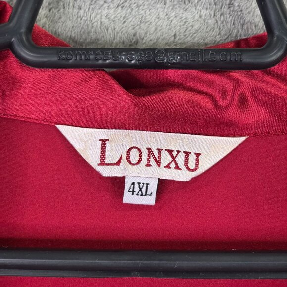 Womens Lonxu Satin Pajama Shirt & Pants Set Button-Up Red White Piping Size 4XL - Picture 3 of 15